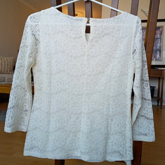 Embroidered Lace top, Ivory/Off-white, 3/4 sleeves - Picture 3 of 9